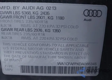 2013 Audi Q5 2.0T Premium из США, поврежденный, VIN WA1CFAFPXDA066345